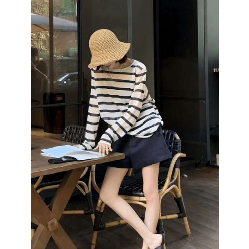 韩系黑白条纹长袖防晒针织T恤女春夏新款外搭慵懒风罩衫冰丝上衣