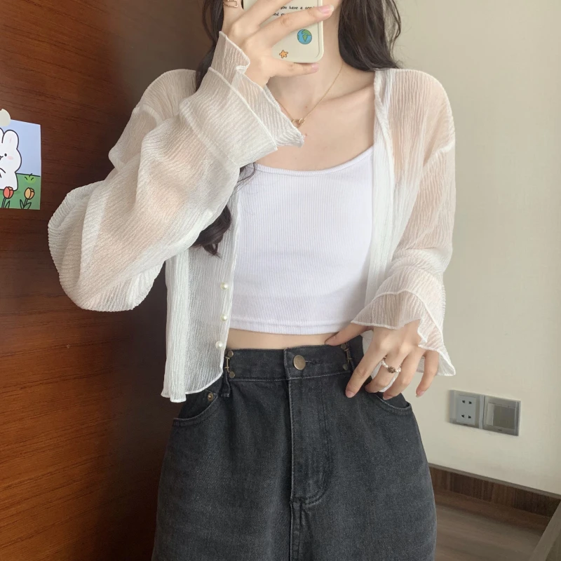 白色冰丝雪纺防晒开衫女短款夏季薄款坎肩罩衫小披肩吊带外搭上衣