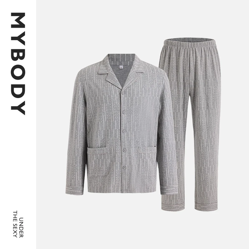 【商场同款】MYBODY男士睡衣休闲简约条纹提花开衫家居服两件套
