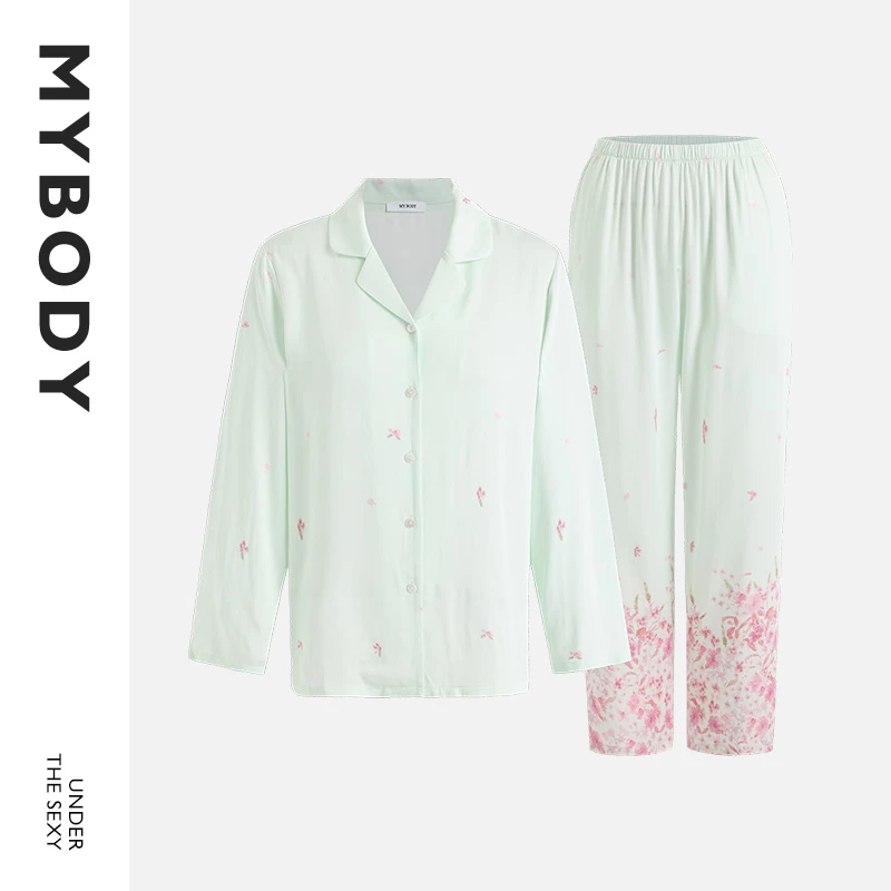 【商场同款】MYBODY女士亲肤睡衣浪漫繁花开衫经典翻领居家服套装