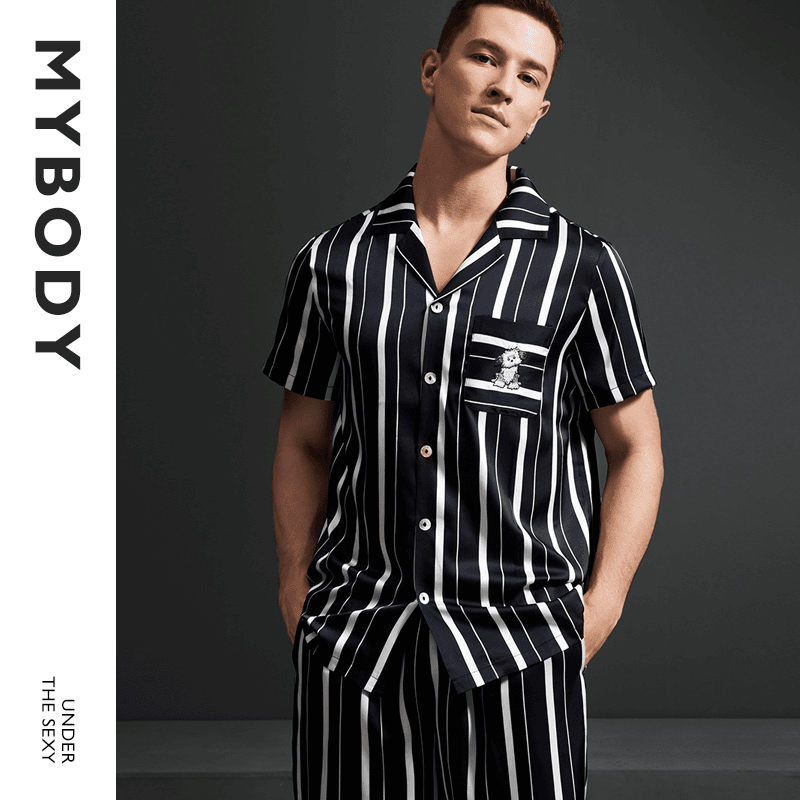 【商场同款】MYBODY男士睡衣夏季撞色条纹开衫家居服短袖短裤套装