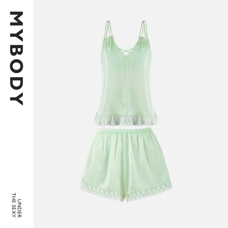 【商场同款】MYBODY家居服套装女V领冰丝吊带夏凉感蕾丝甜美薄