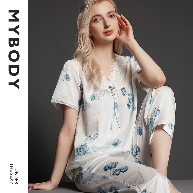 【商场同款】MYBODY女士睡衣春夏薄款性感V领印花宽松家居服套装