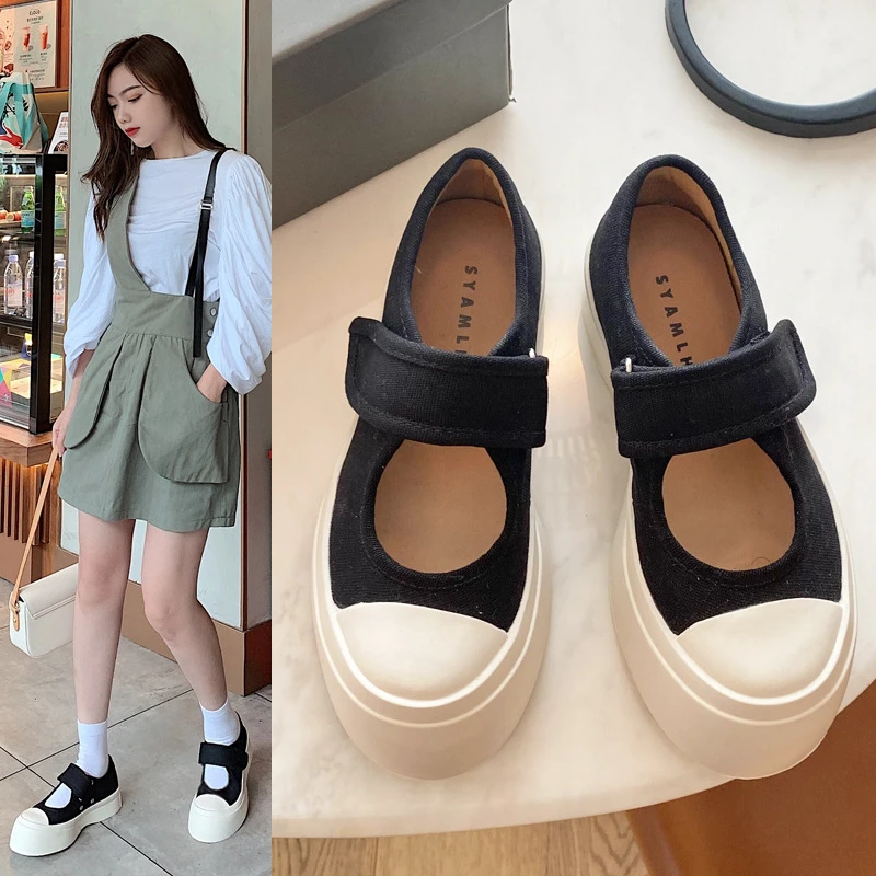 葡萄Sheii~露思mona同款玛丽珍鞋春夏厚底松糕小白鞋丑萌帆布凉鞋