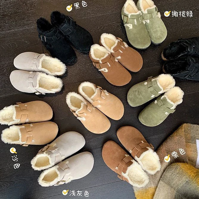 【苏茵茵同款】加绒博肯鞋冬季复古真皮毛毛勃肯单鞋女包头半拖大码