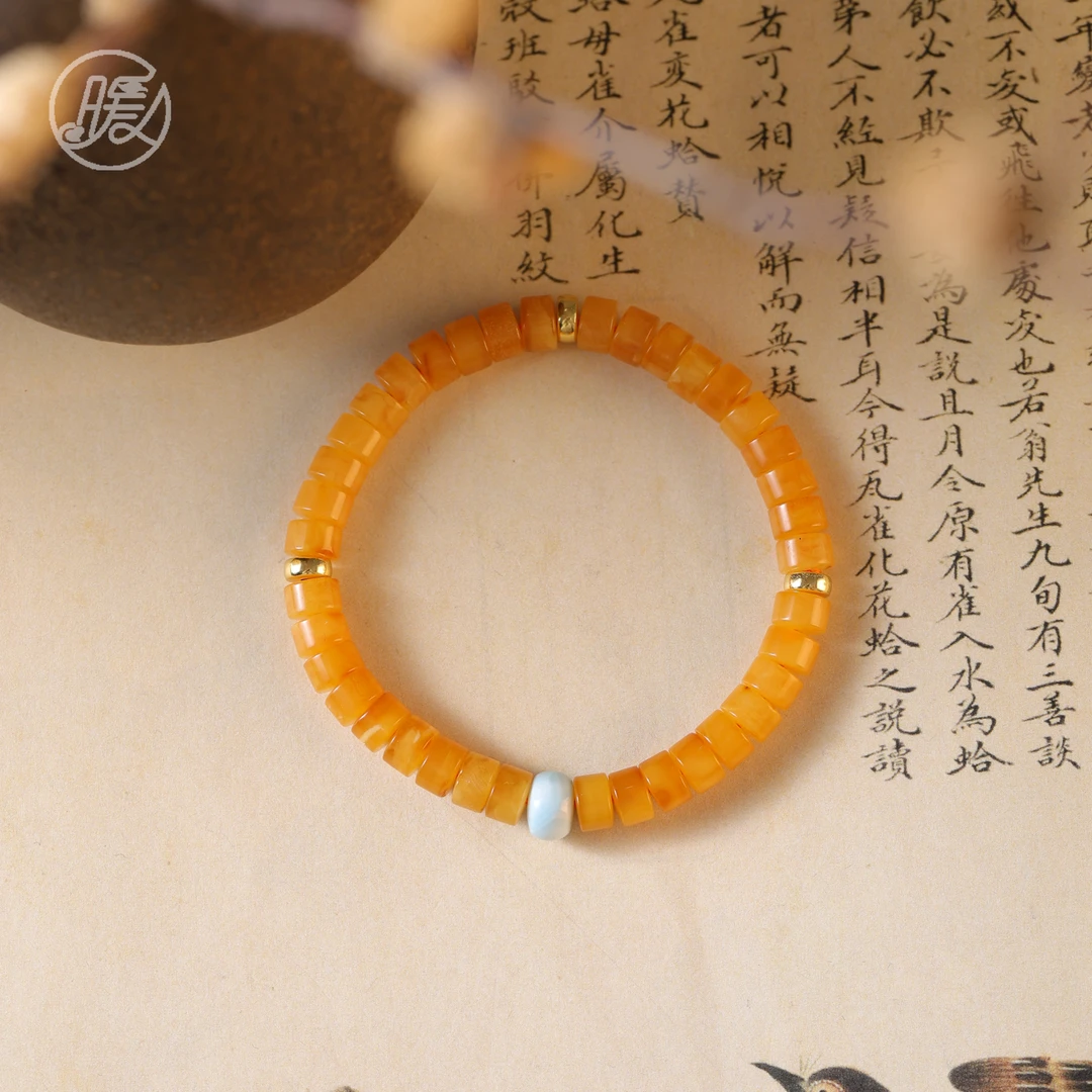 单圈直切蜜蜡手串搭配海纹石路路通手链E6138多样性发一