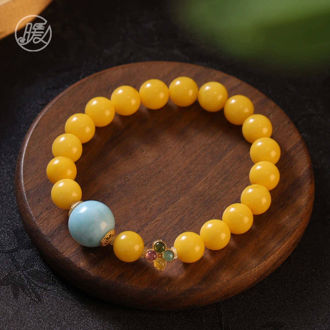 单圈蜜蜡手串8mm搭配四叶花海纹石路路通手链E6009多样性发一