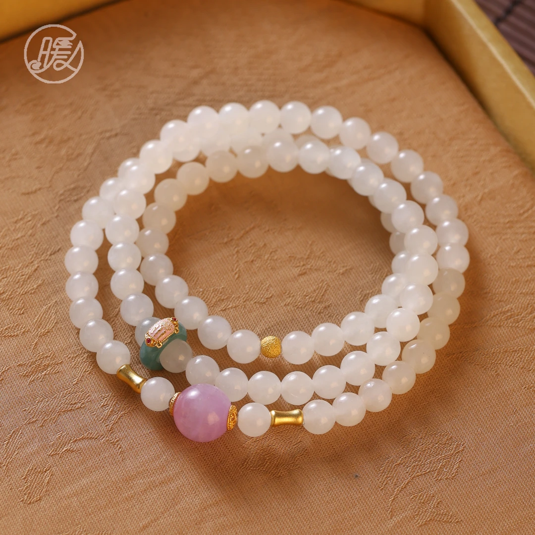 三圈和田玉手串6mm搭紫锂辉路路通翡翠甜甜圈手链A6402多样性发一