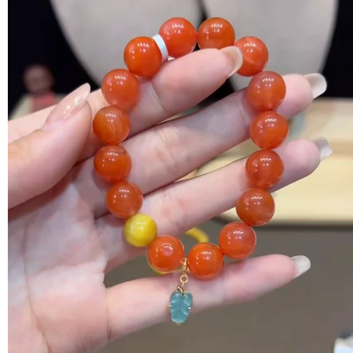 单圈玛瑙手串11mm搭配翡翠叶子吊坠手链S105多样性发一