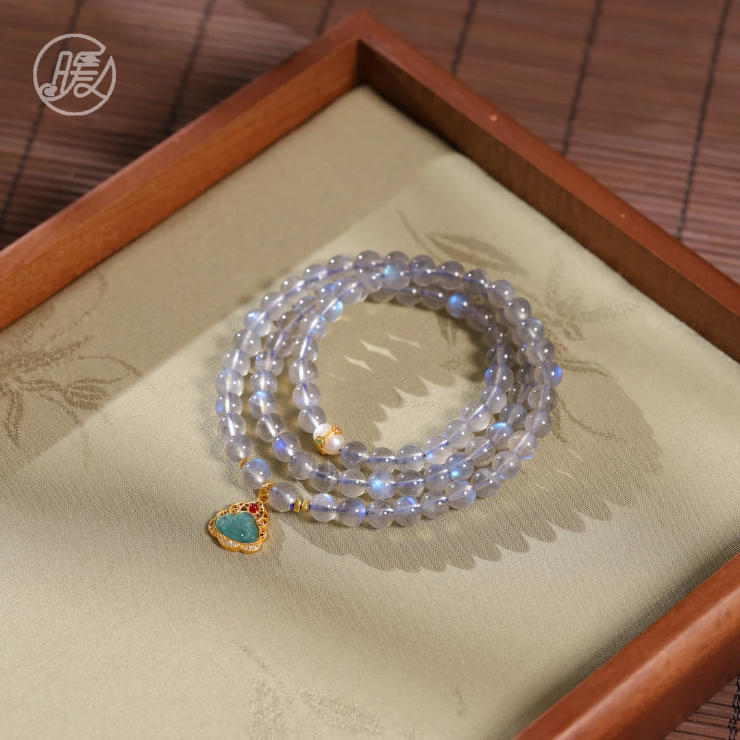 三圈长石手串6mm搭配翡翠佛公吊坠手链D2441多样性发一
