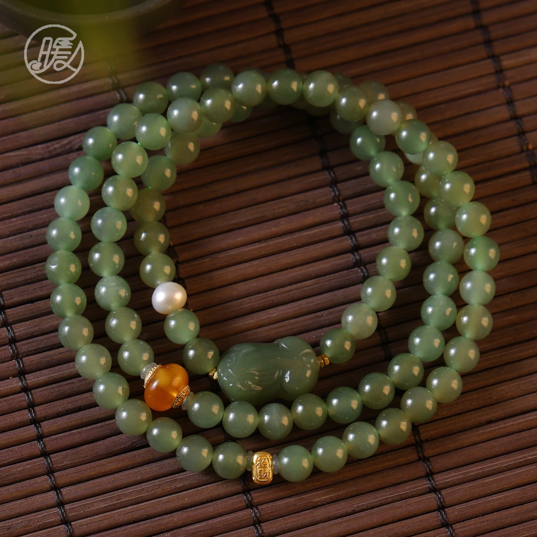 三圈和田玉手串6mm搭配貔貅奶酪配件手链A6395多样性发一