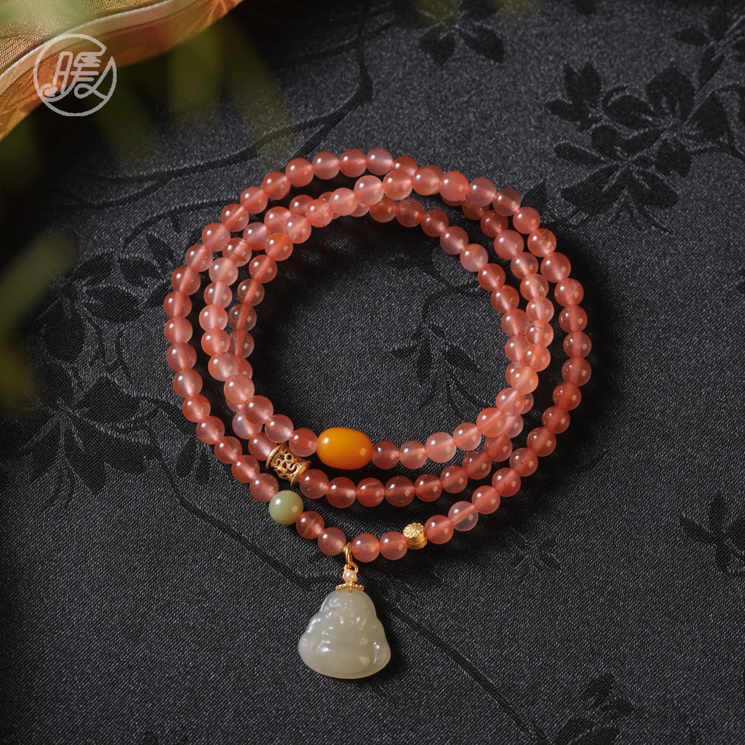 三圈玛瑙手串5mm搭配和田玉佛公吊坠蜜蜡枣珠手链H2806多样性发一