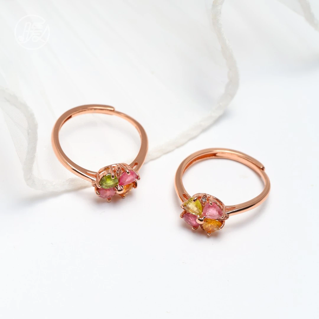 天然碧玺四叶花造型镶嵌戒圈开口戒戒指Z1932多样性发一