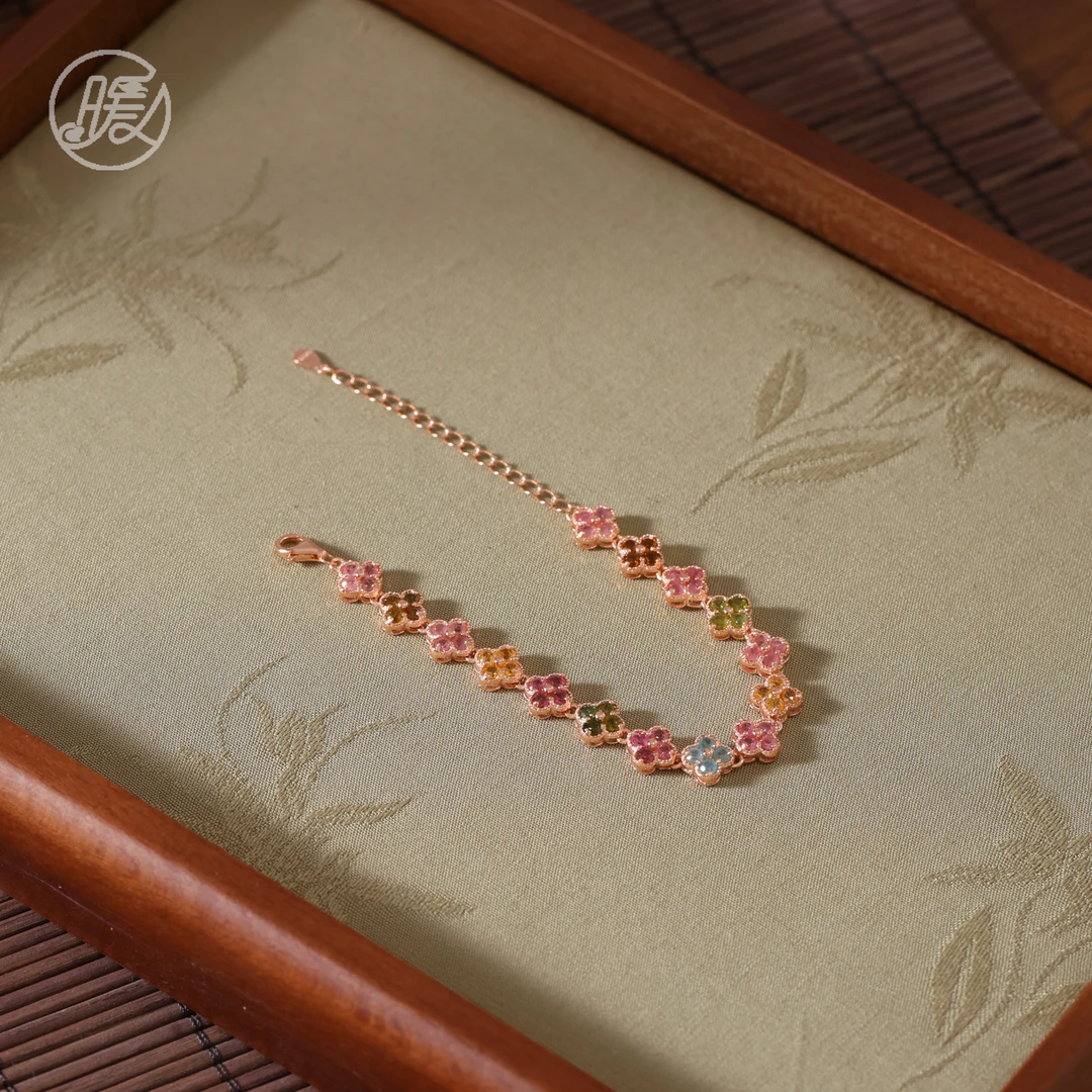 单圈天然碧玺镶嵌四叶花造型百搭手链F1650多样性发一