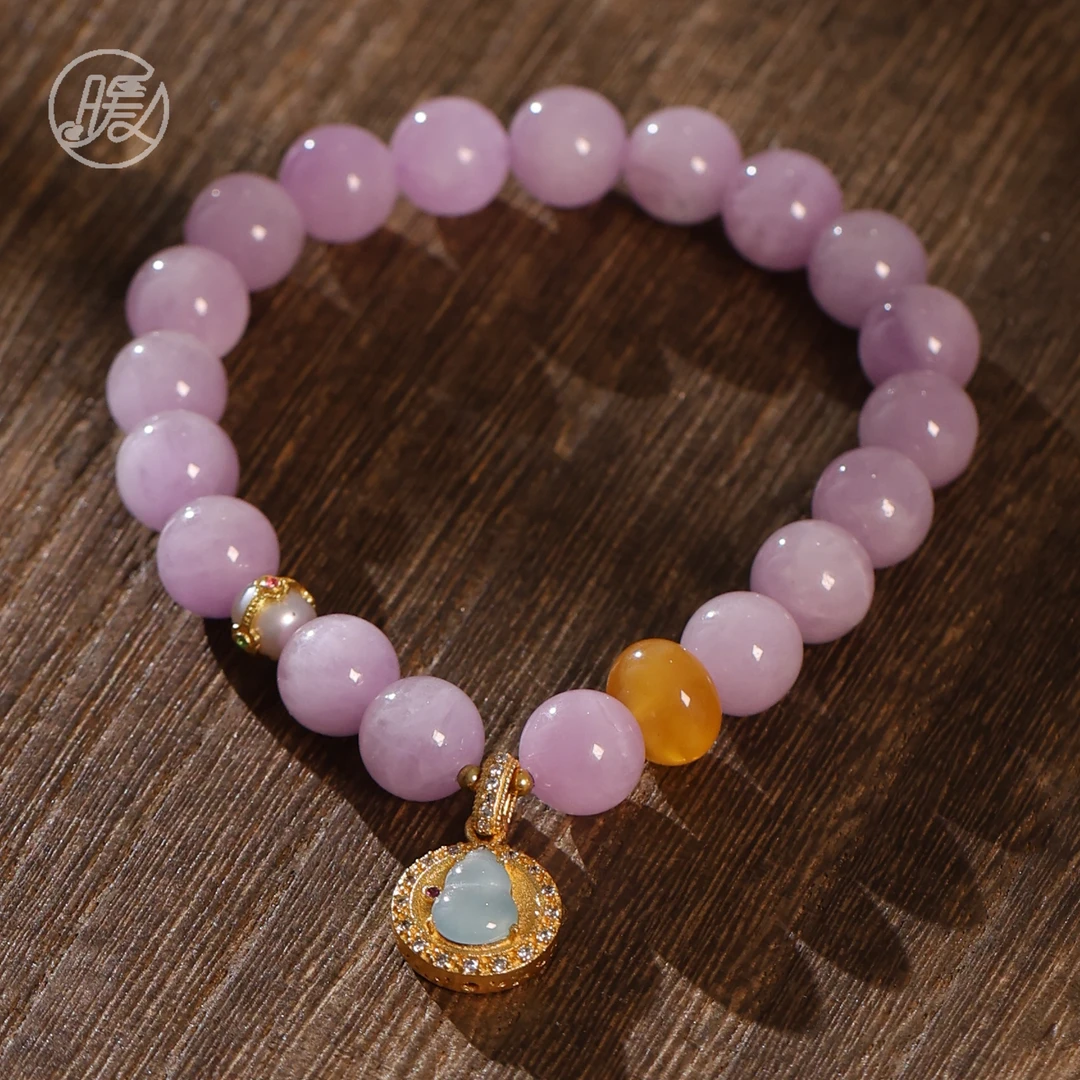 单圈紫锂辉手串8mm搭配翡翠葫芦圆形吊坠手链F4327多样性发一