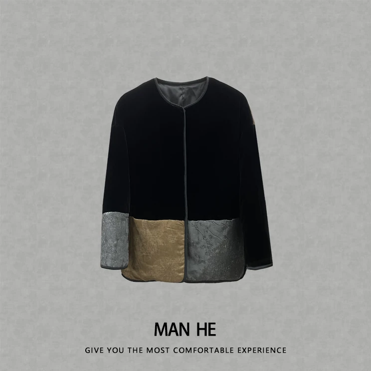 『拼色国风真丝丝绒加棉外套』满赫出品-24375