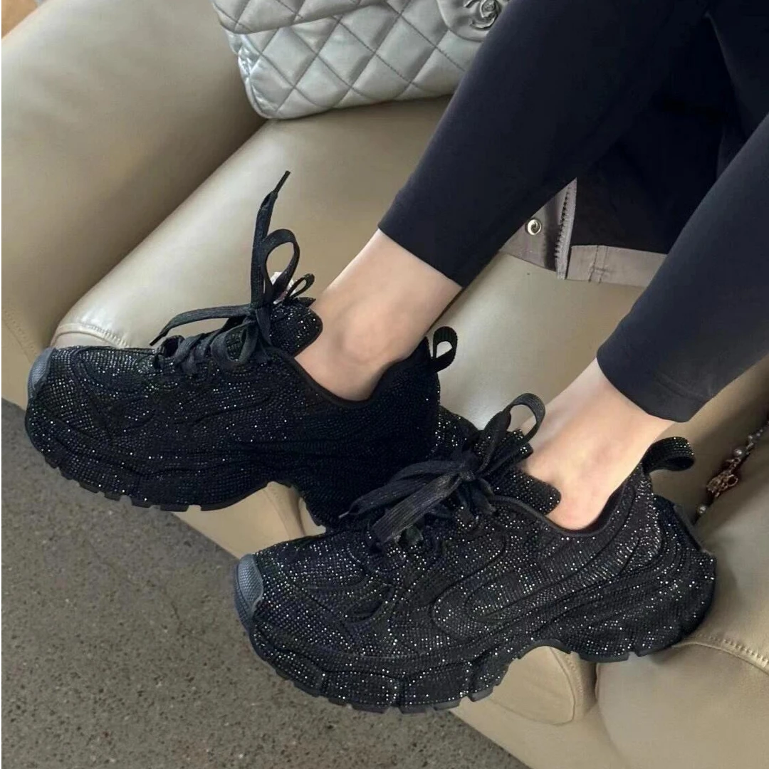 满天星水钻高品质厚底老爹鞋女2025秋季新款舒适透气增高休闲鞋