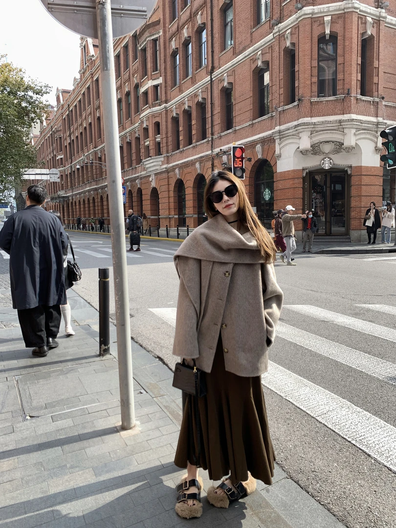 安东尼奥 法式街头围巾斗篷小个子大衣气质高级感气质毛呢外套