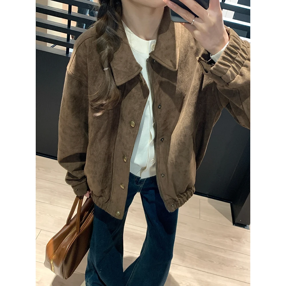 王家有鱼秋季新款复古美式夹克外套百搭休闲港风擦色机车风短外套