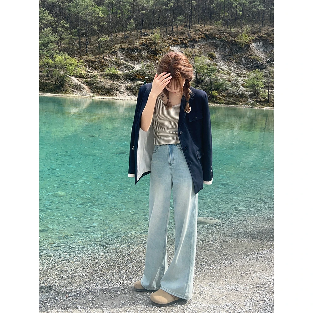 【王家有鱼】2024高腰阔腿裤显瘦宽松直筒牛仔裤女薄款拖地裤垂坠感
