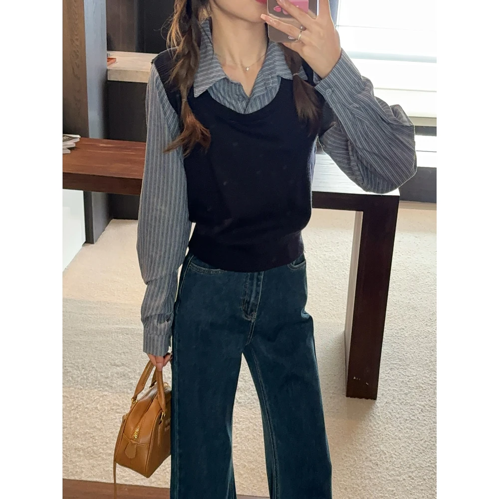 王家有鱼2025年假两件细针套头毛衣针织衫休闲衬衫宽松显瘦上衣女