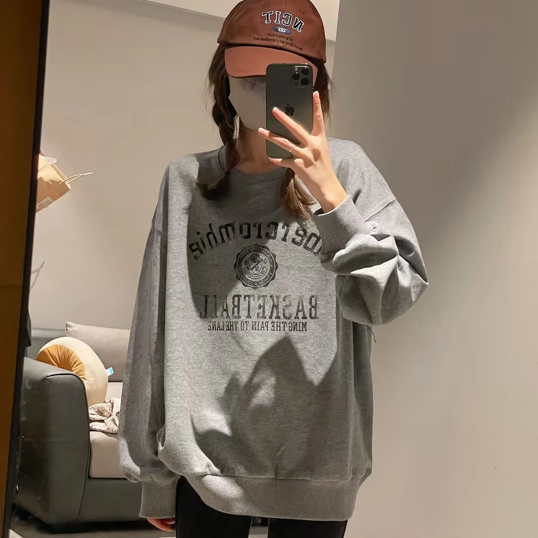 王家有鱼秋款灰色宽松圆领卫衣重工印花百搭韩版大版休闲长袖时尚