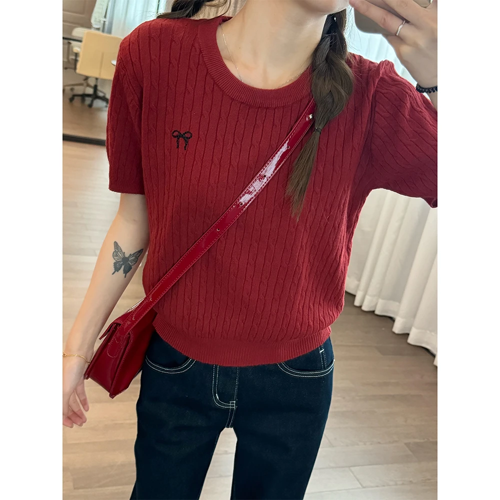 王家有鱼2024秋季上新红色短袖款毛衣针织衫时尚百搭显瘦小众风