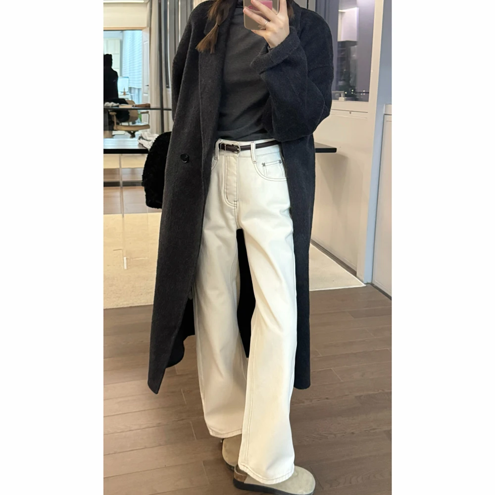 王家有鱼2025年新款白色阔腿女士牛仔裤女高腰宽松显瘦窄版阔腿裤