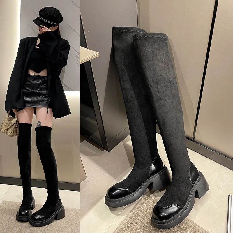 A01过膝长靴女2024新款秋冬弹力靴厚底高跟瘦瘦靴黑色高筒长靴