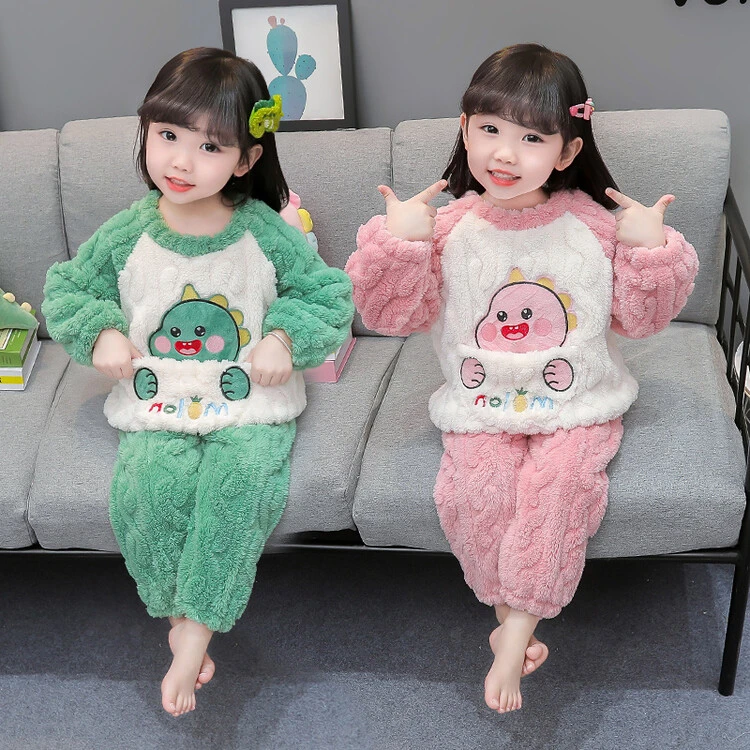 儿童睡衣女孩秋冬季法兰绒加厚宝宝小孩恐龙套装珊瑚绒女童家居服