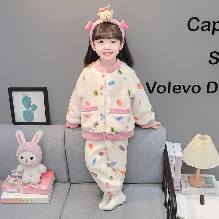 儿童珊瑚绒睡衣女孩冬款双层加绒加厚宝宝法兰绒冬季女童家居服