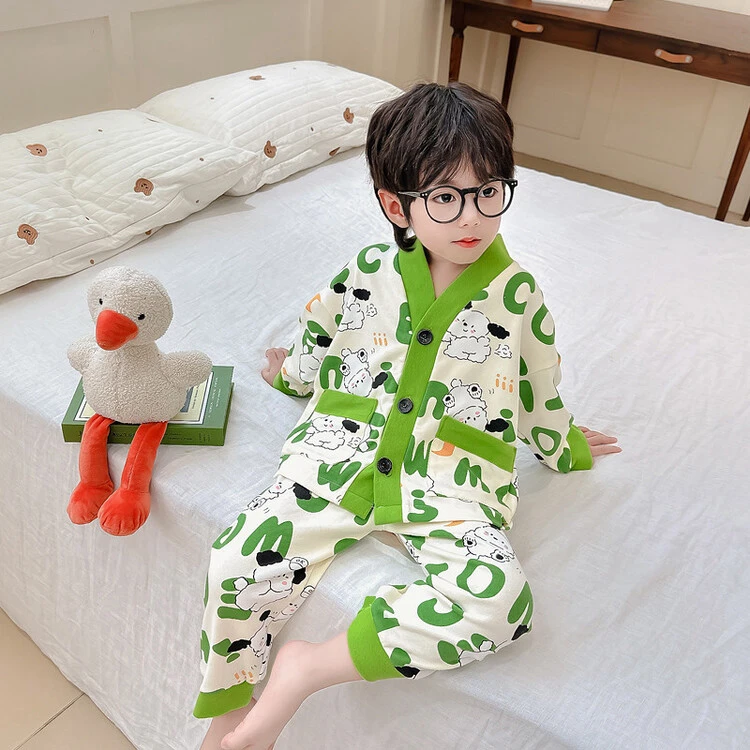 纯棉男童睡衣春秋新款立领长袖小孩男孩薄款恐龙儿童家居服两件套
