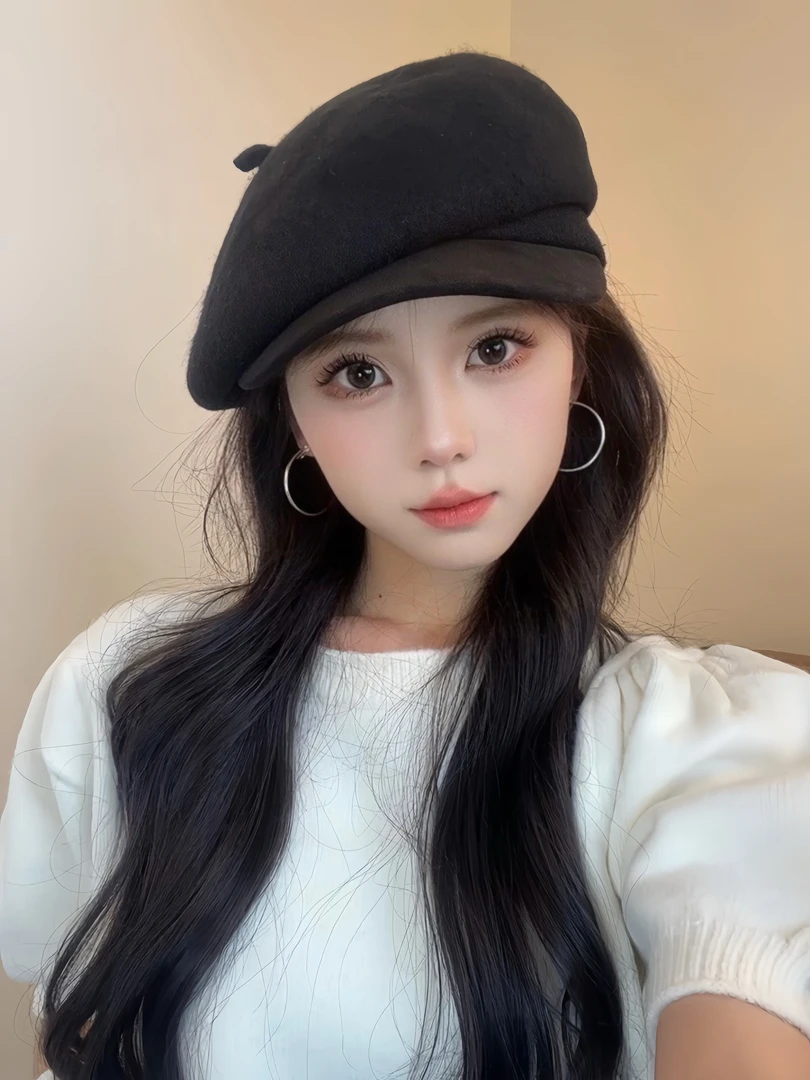 韩版秋冬贝雷帽子女大头围画家帽显脸小洋气百搭时尚复古毛呢黑色