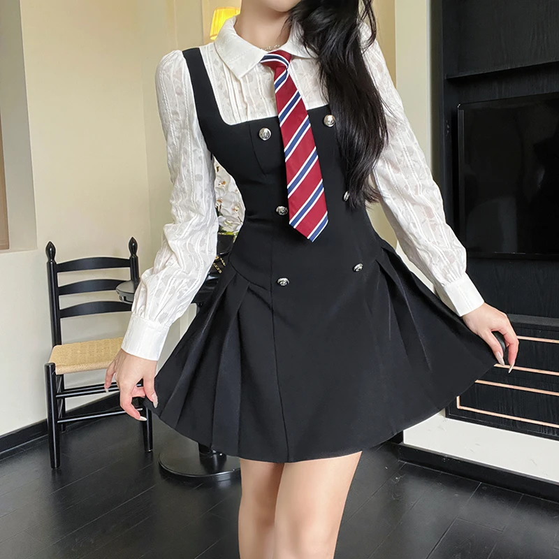 美式学院风假两件长袖连衣裙秋季大码梨形mm减龄遮肚子显瘦短裙子