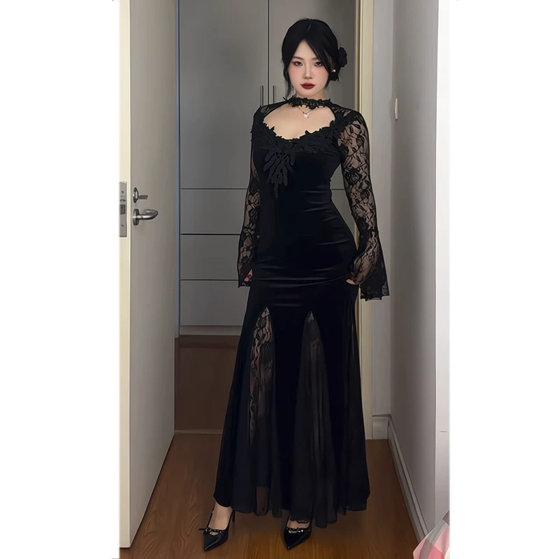 暗黑蕾丝鱼尾喇叭袖连衣裙舞台派对女王修身演出cos质包臀鱼尾裙