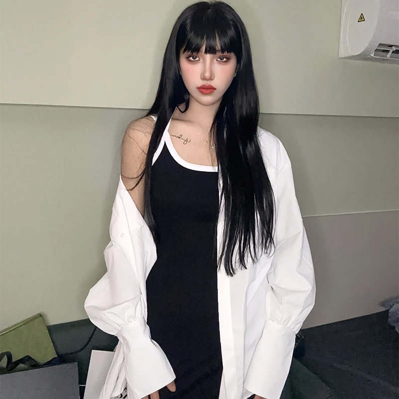 百搭中长款白色衬衫休闲上衣秋季欧美开衫polo领防晒宽松长袖外搭