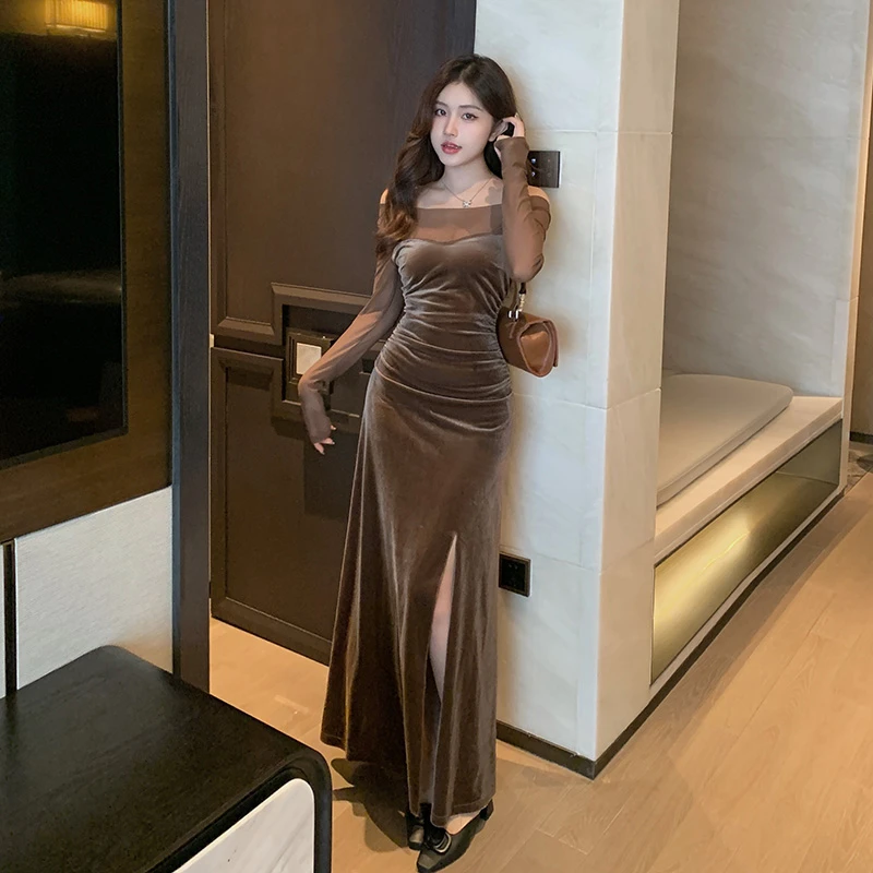 名媛法式绒面网纱拼接连衣裙女早秋时尚气质显瘦收腰宴会包臀长裙
