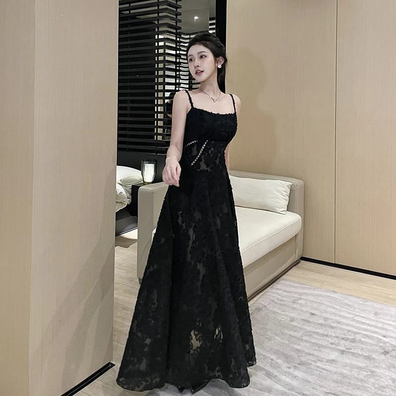 【纯欲黑玫瑰】性感黑色透视提花吊带连衣裙气质修身大裙摆礼服长裙
