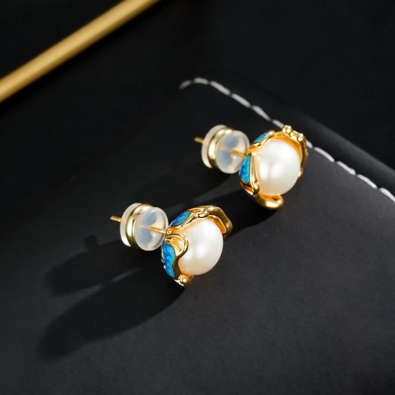 铜合金耳饰 滴油珠珠耳钉复古轻奢蓝色气质时尚百搭精致