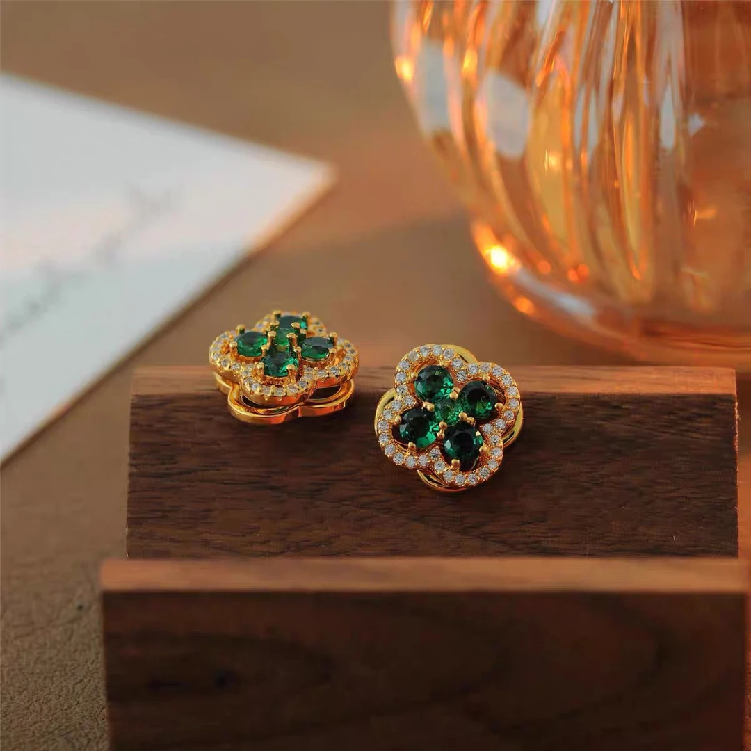 铜合金锆石耳饰 四叶草旋转耳钉气质轻奢时尚百搭绿色复古优雅