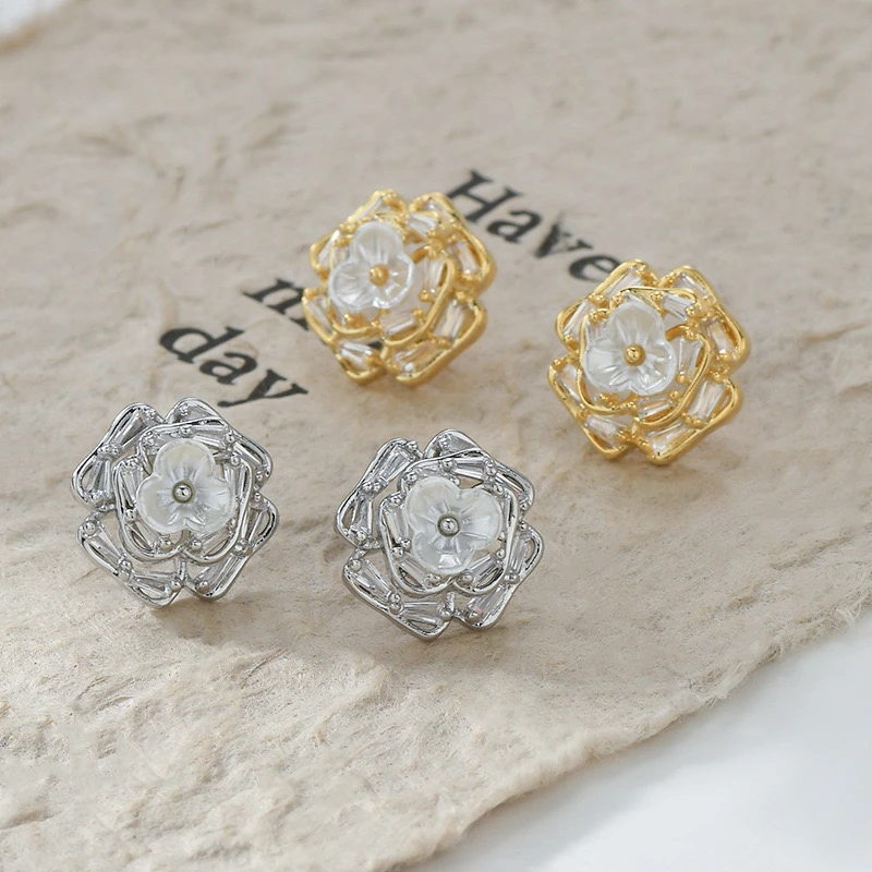 铜合金锆石耳饰 微镶锆石山茶花耳钉银针玫瑰花花瓣耳饰轻奢百搭