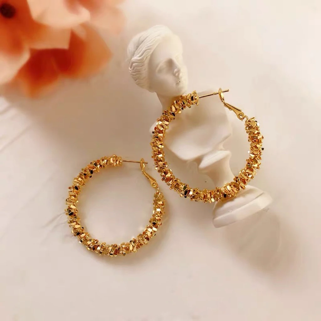 铜合金耳饰 碎冰冰冷淡风金色大耳圈耳环女时尚百搭欧美个性耳圈