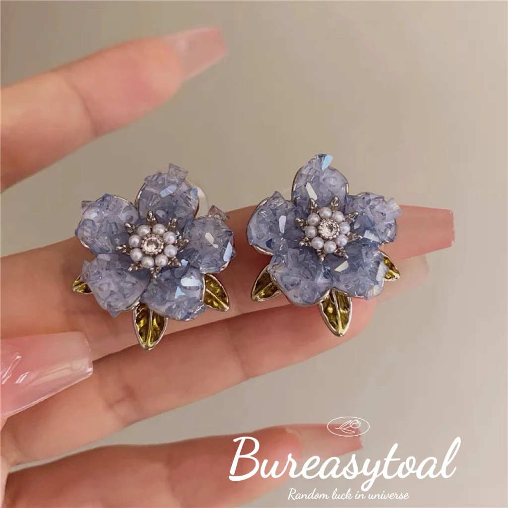 黄铜仿水晶耳饰 雾霾蓝紫色山茶花耳钉女法式耳环轻奢小众设计
