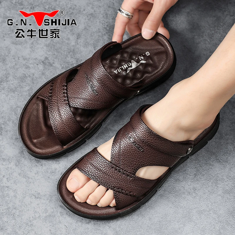 公牛世家男士凉鞋真皮软底防滑沙滩鞋子2025夏季休闲潮流外穿凉拖