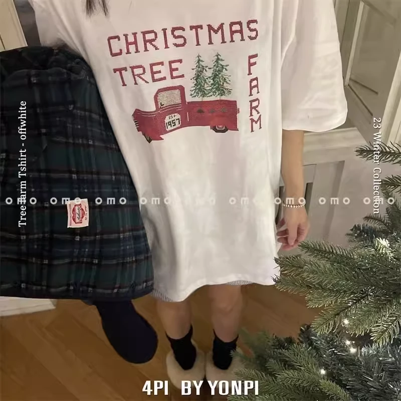 现~omo小众设计新款简约圆领汽车印花宽松短T白色短袖百搭T恤女