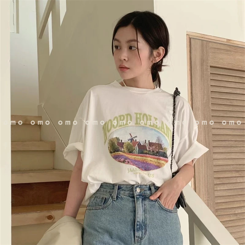 韩代东大门 2025秋新女装 宽松休闲做旧复古印花短袖T恤