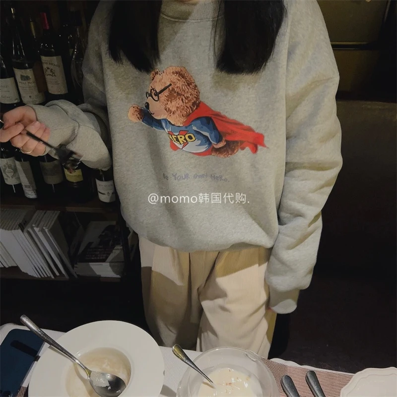 sale推荐发omo小众 新款萌趣超人小熊卡通印花休闲套头卫衣女