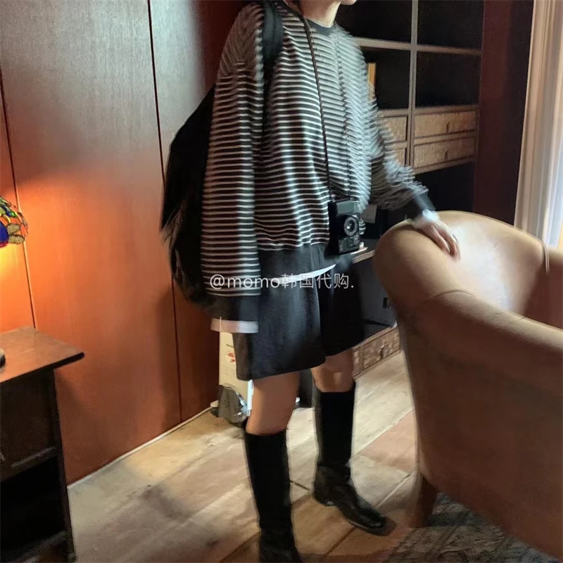 现货 omo小众Self service女2025秋季时尚条纹假两件长袖T恤卫衣