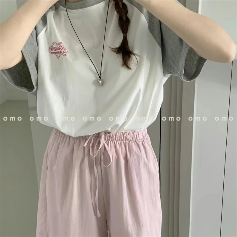 omo小众 女装秋 插肩袖爱心百搭宽松减龄短袖T恤衫230612