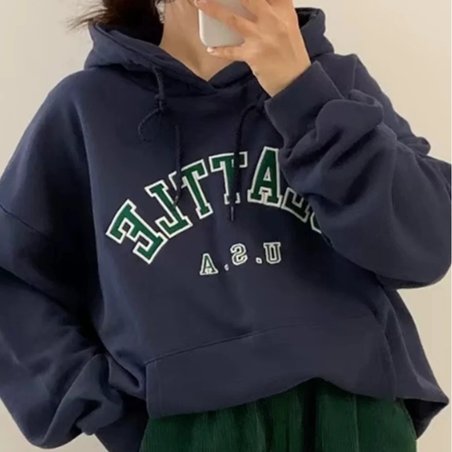 omo小众新款bbibbiandco藏青色宽松简约百搭字母连帽卫衣